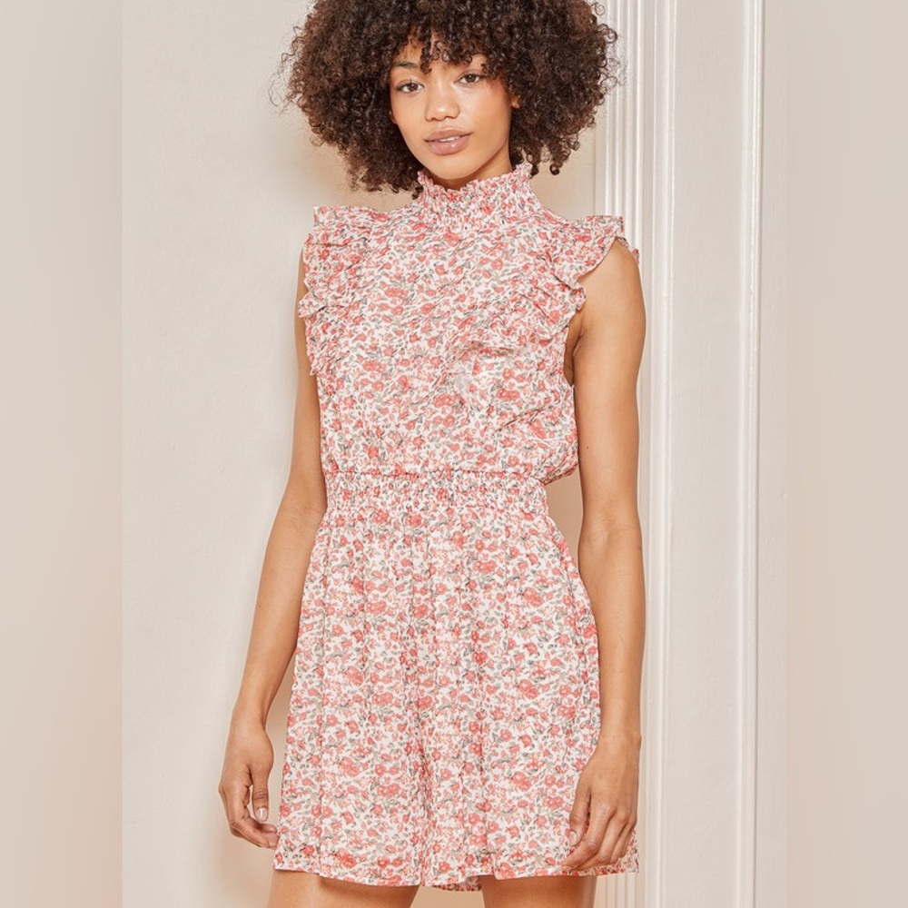 NWT Lulus Romper Amazing Days White Floral Print Ruffled Mock Neck Romper Small